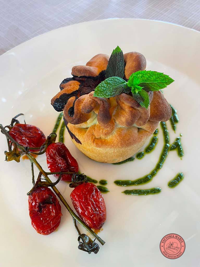 Our parmigiana di melanzane with shortcrust, basil cream and confit tomatoes | FATTORIA MARIA